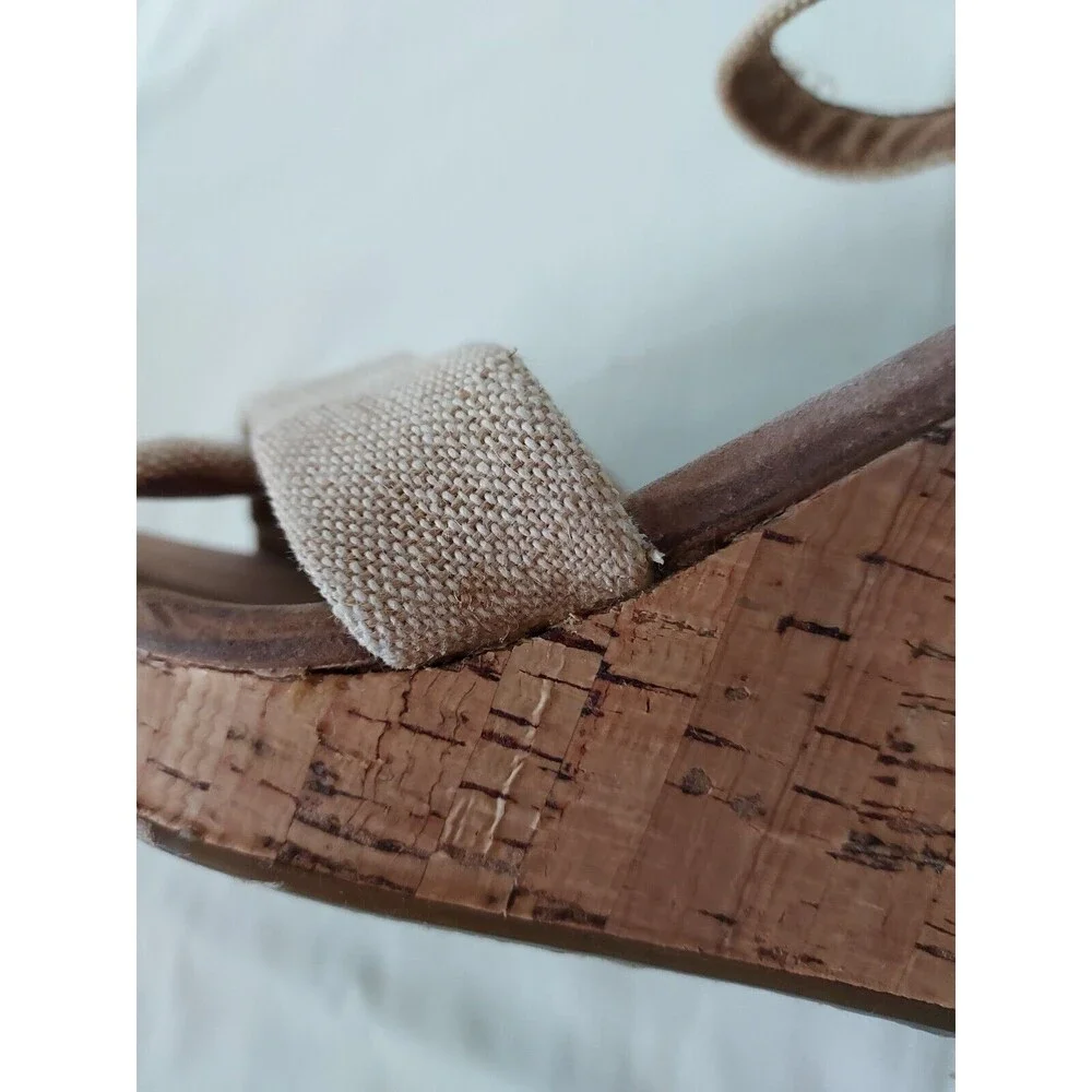 Toms Women's Size 7.5 Sierra Natural Canvas Cork Strappy‎ Wedges Sandals